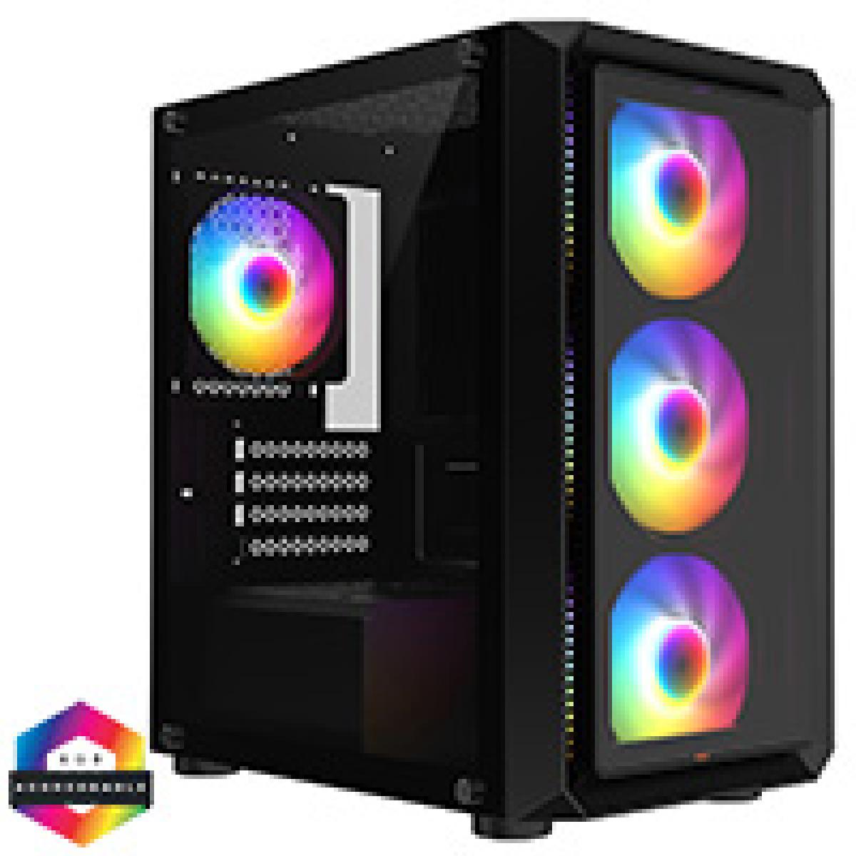 GameMax Icon Black Micro-ATX TG Gaming Case with Darkened Tempered Glass Panels 4 x 12cm Inner-Ring ARGB Fans 6-Port Hub