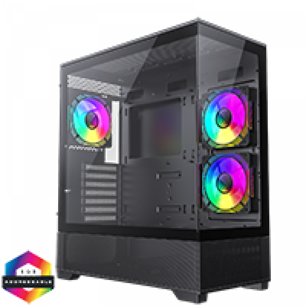 GameMax Vista Black ATX Gaming Case with Tempered Glass Front and Side Panels with 3 x FN12A-C8I 120mm Infinity Fans Installed