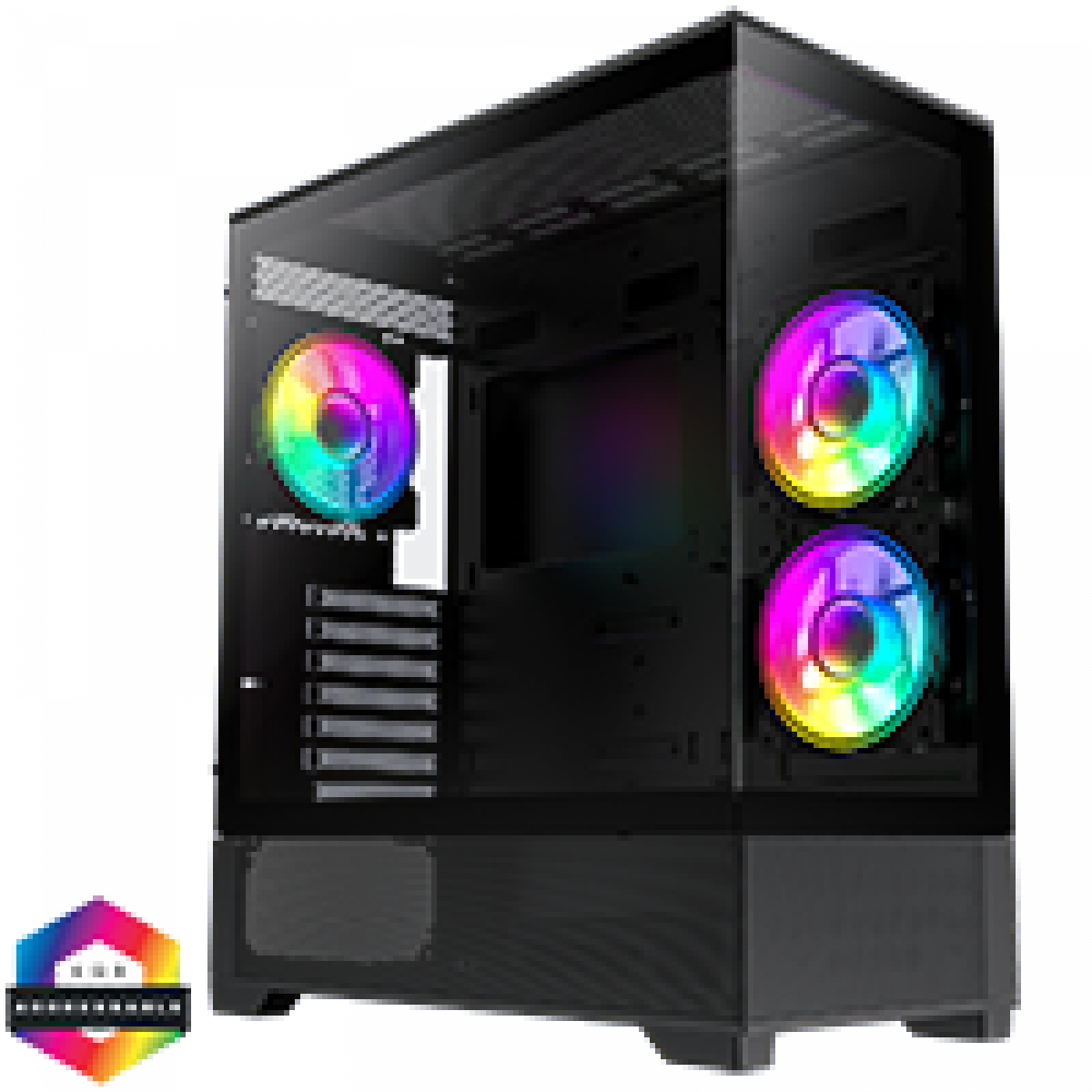 GameMax Vista Black ATX Gaming Case with Tempered Glass Front and Side Panels with 3 x Dual-Ring Infinity Fans Bundled