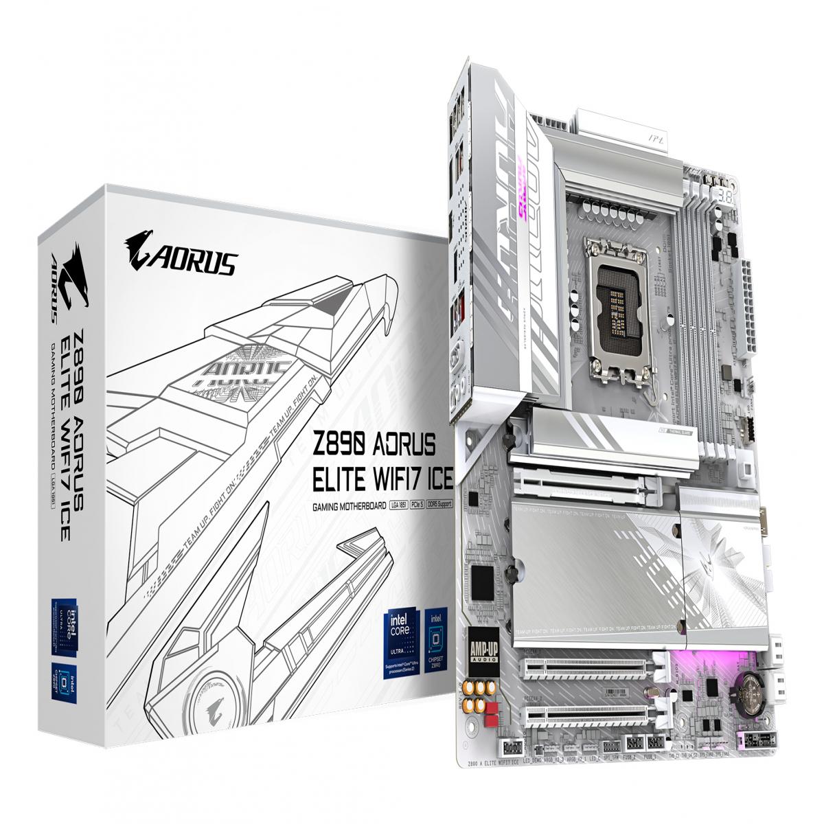 Gigabyte Z890 AORUS ELITE WIFI7 ICE Intel 1851 Socket Motherboard, ATX, 4x DDR5 Slots, 4x M.2 Sockets, Fitted I/O Shield, 2.5GbE LAN, Wi-Fi 7, 1x DisplayPort / 1x USB-C (USB4)