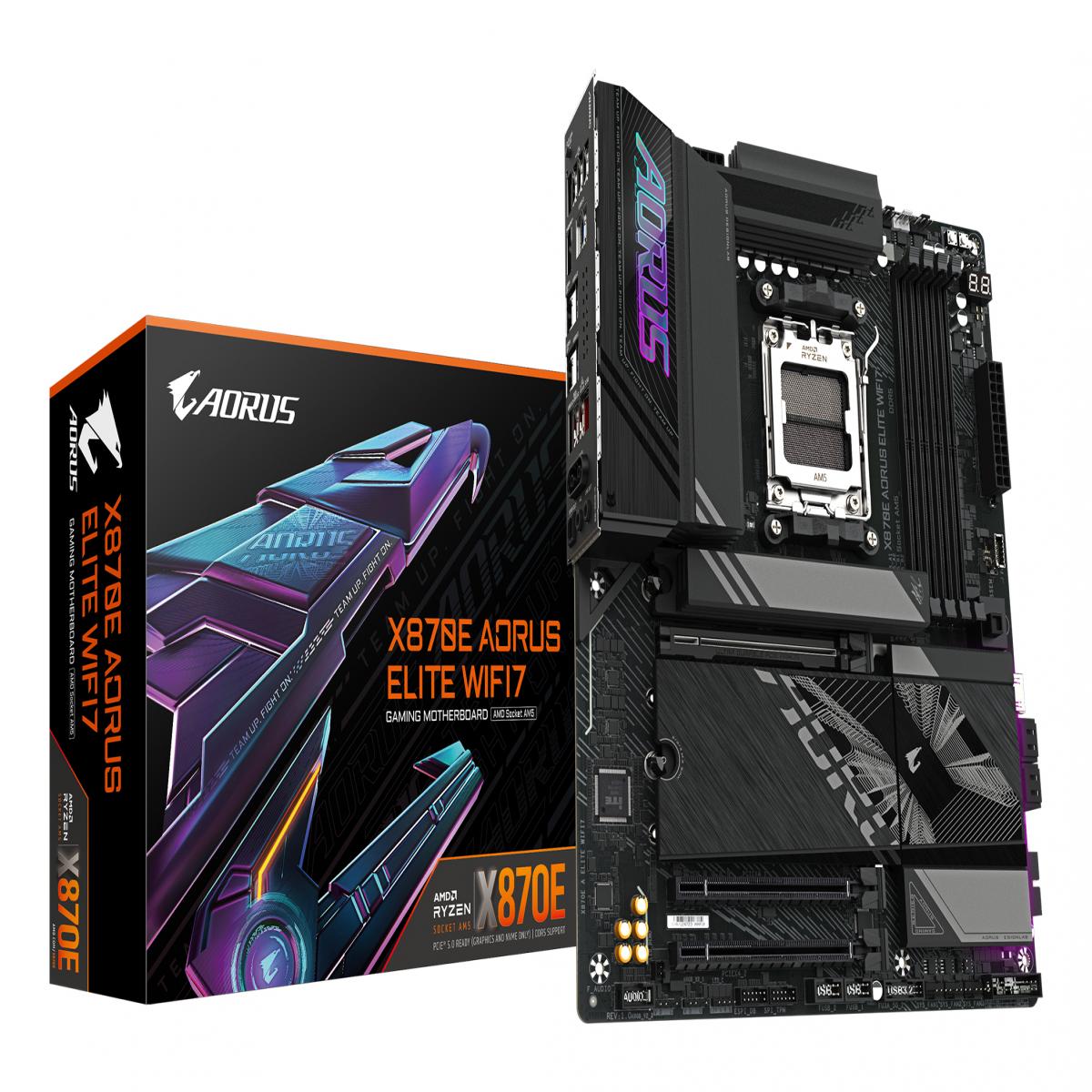 Gigabyte X870E AORUS ELITE WIFI7 AMD AM5 Socket Motherboard, ATX, 4x DDR5 Slots, 4x M.2 Sockets, Fitted I/O Shield, 2.5GbE LAN, Wi-Fi 7, 1x HDMI Port / 2x USB-C (USB4)