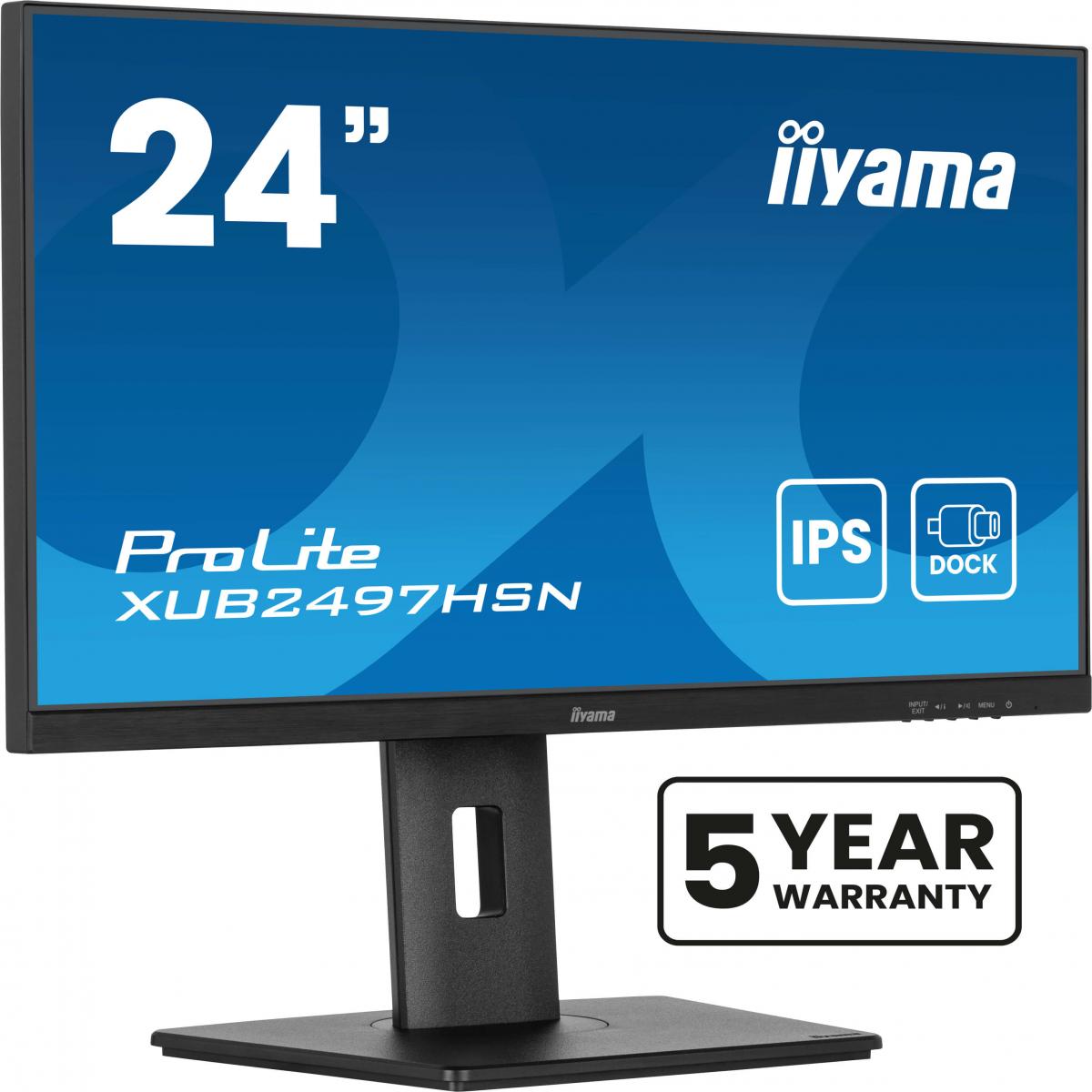 iiyama Prolite XUB2497HSN-B2 24 inch IPS Monitor, USB-C Dock, RJ45(LAN), Full HD, 1ms, HDMI, DisplayPort, USB-Hub, USB-C, 100Hz, Speakers, Black, Internal PSU, VESA, Height Adjust, Pivot