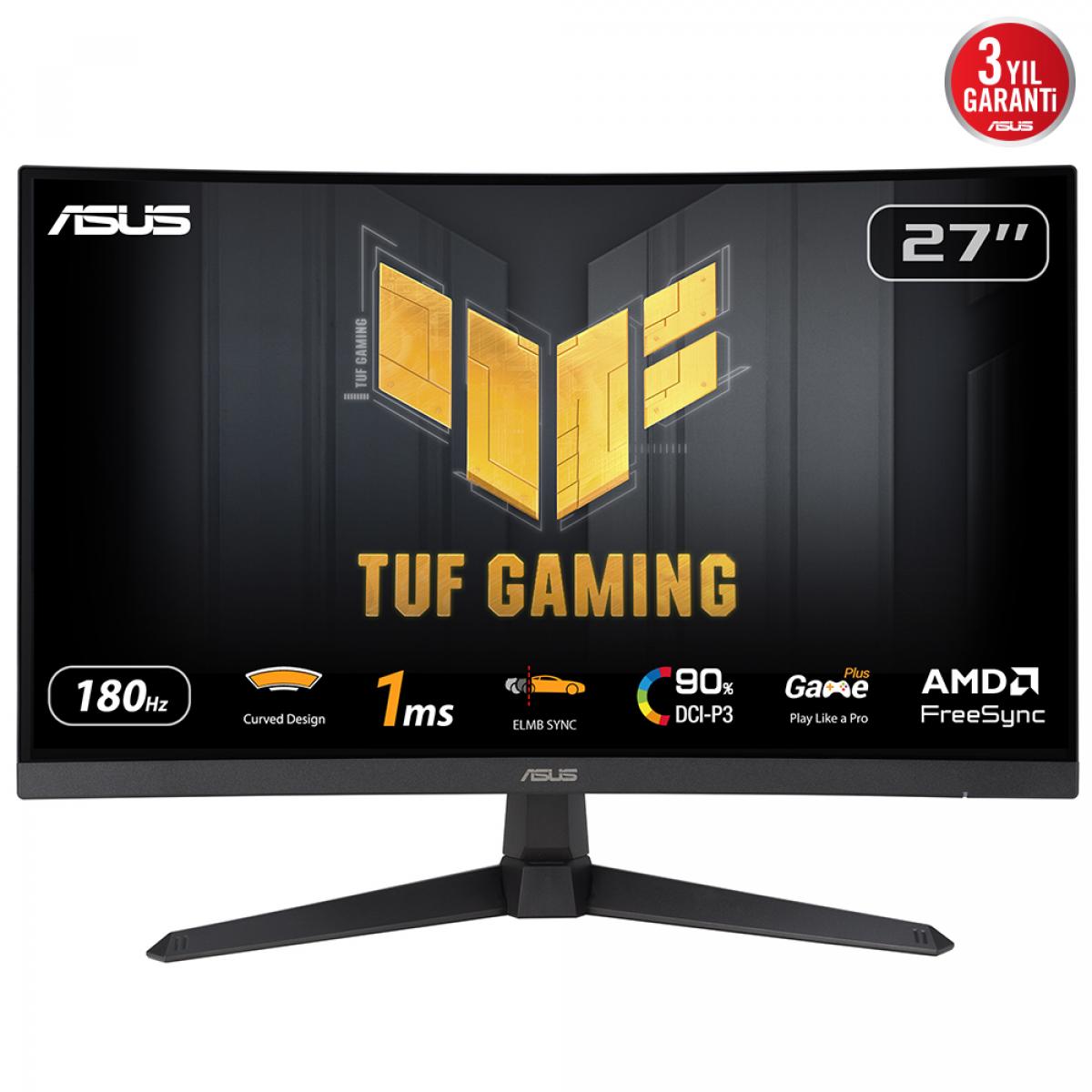 Asus 27" TUF Gaming Curved Monitor (VG27VQ3B), 1920 x 1080, 1ms, 2 HDMI, DP, 180Hz, ELMB SYNC, Freesync, VESA