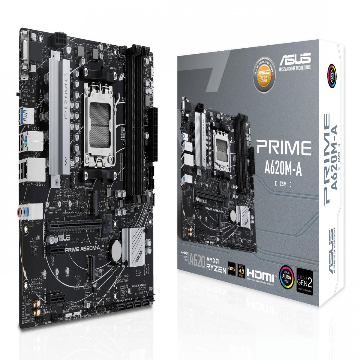 Asus PRIME A620M-A-CSM - Corporate Stable Model, AMD A620, AM5, Micro ATX, 4 DDR5, VGA, HDMI, DP, GB LAN, PCIe4, 2x M.2
