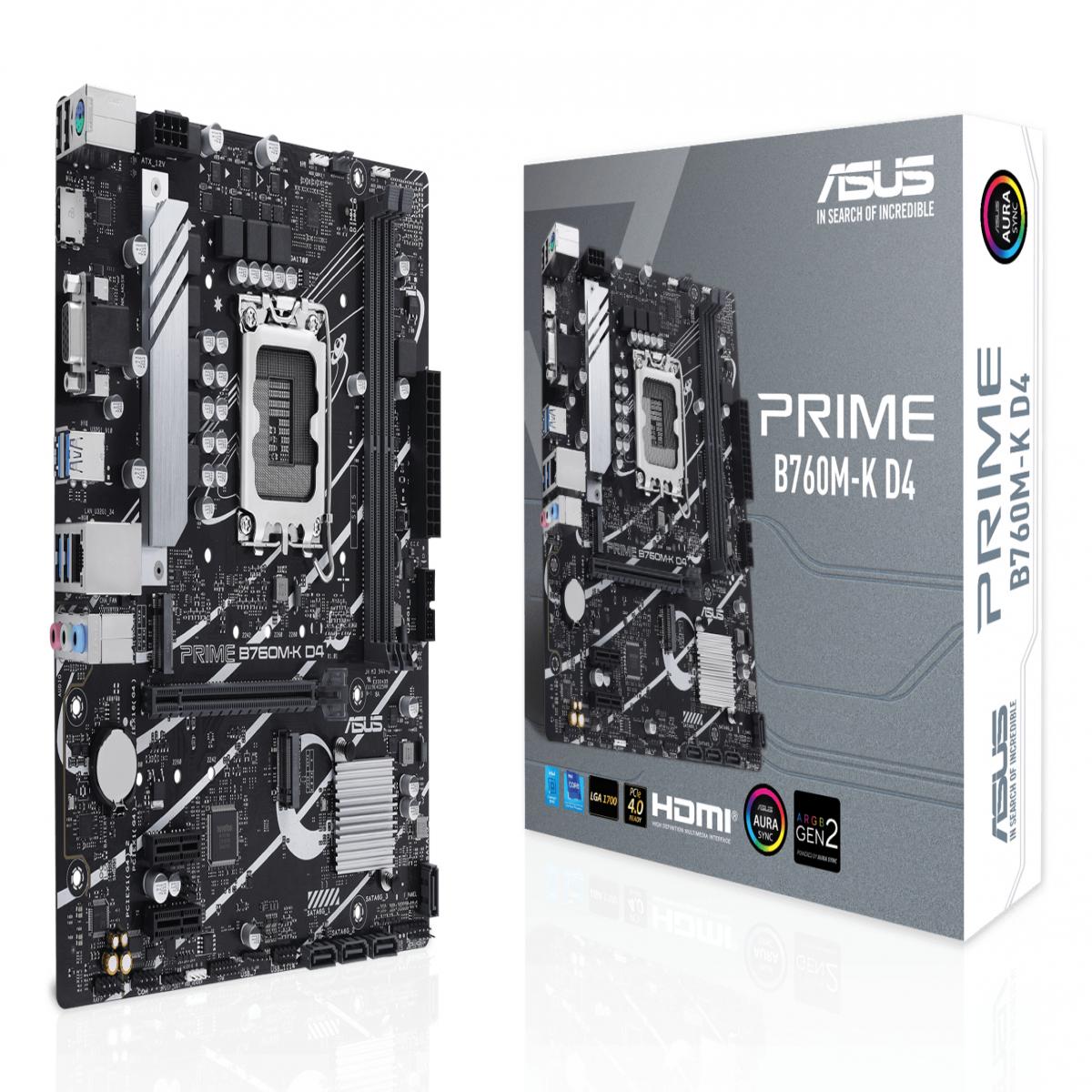 Asus PRIME B760M-K D4, Intel B760, 1700, Micro ATX, 2 DDR4, VGA, HDMI, 2.5G LAN, PCIe4, 2x M.2