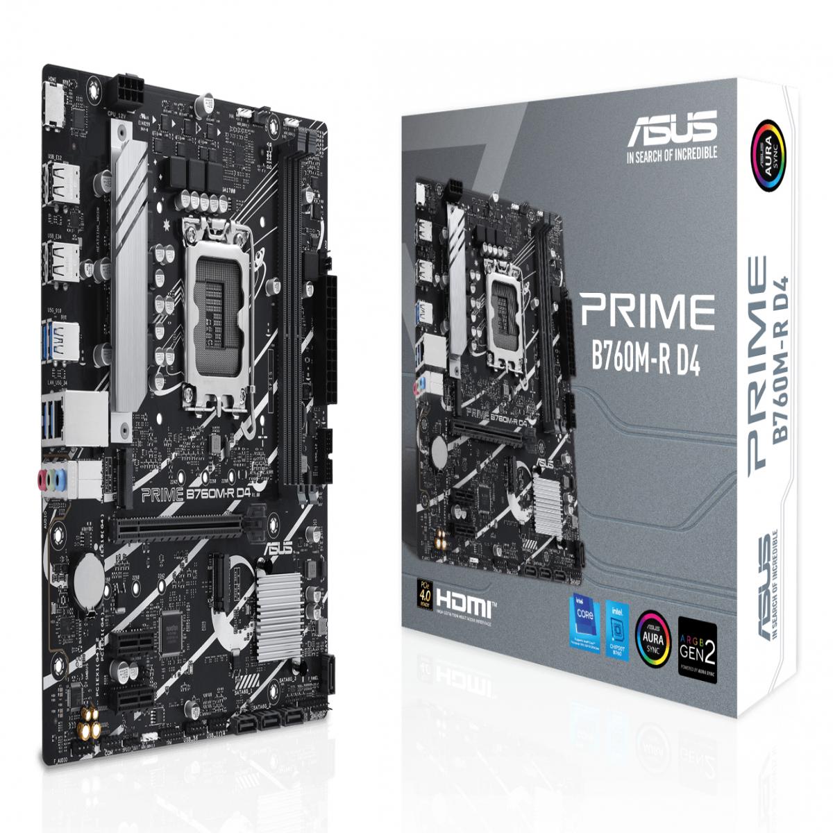 Asus PRIME B760M-R D4, Intel B760, 1700, Micro ATX, 2 DDR4, HDMI, 2.5G LAN, PCIe4, 2x M.2