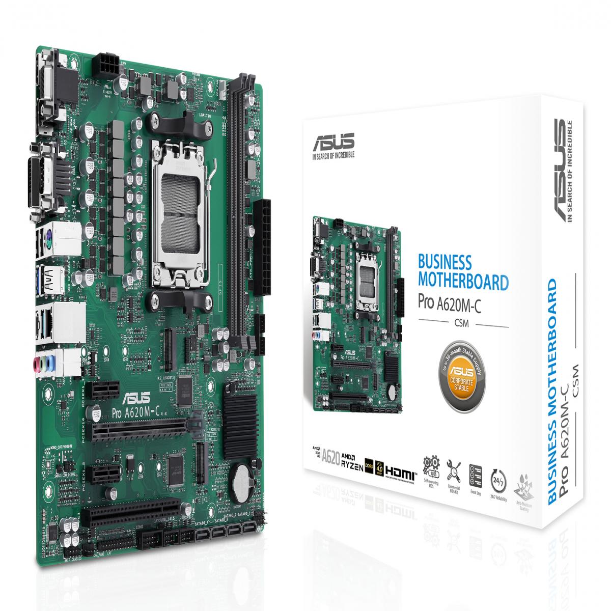 Asus PRO A620M-C-CSM - Corporate Stable Model, AMD A620, AM5, Micro ATX, 2 DDR5, VGA, HDMI, DP, GB LAN, PCIe4, 2x M.2