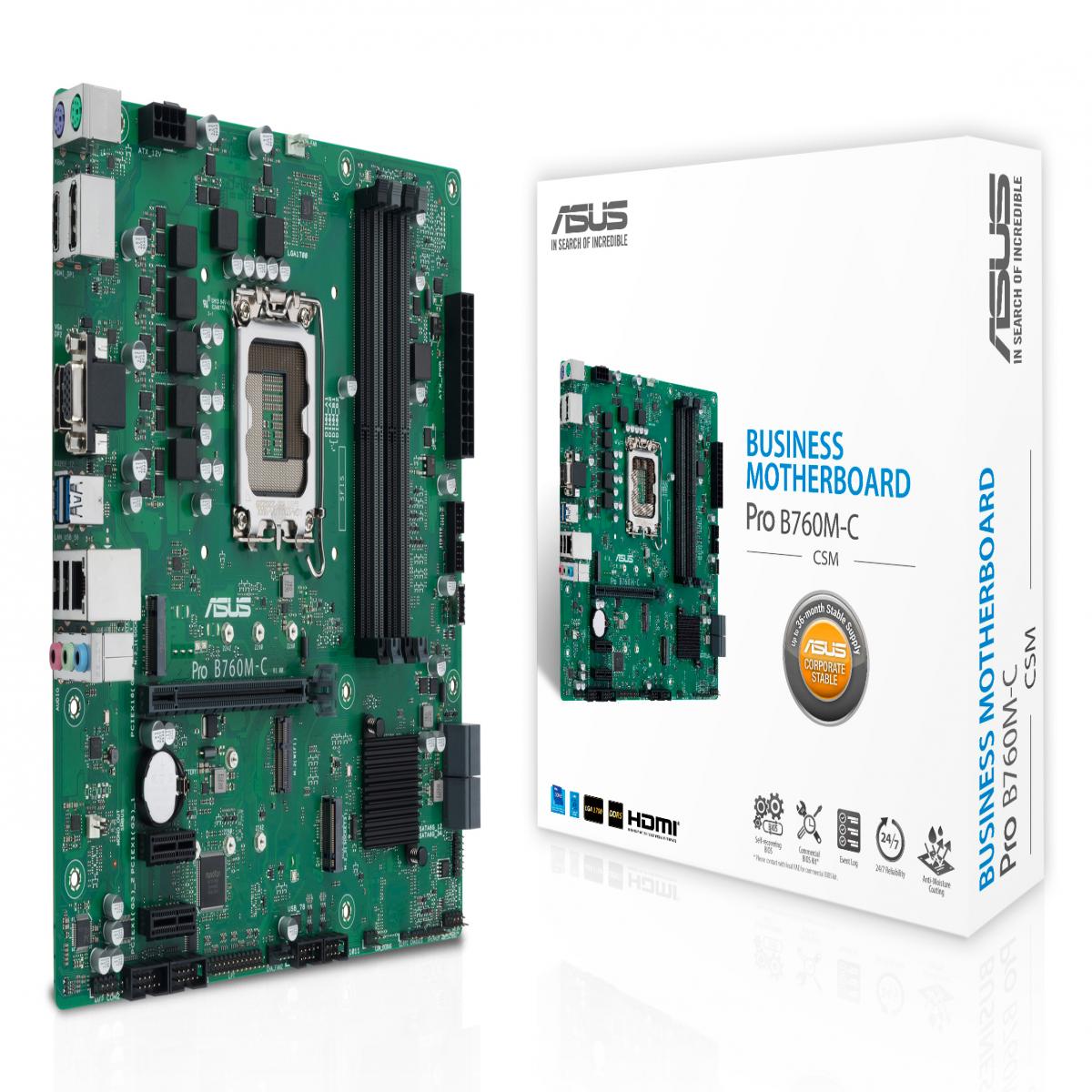 Asus PRO B760M-C-CSM - Corporate Stable Model, Intel B760, 1700, Micro ATX, 4 DDR5, VGA, HDMI, 2 DP, GB LAN, PCIe4, 2x M.2
