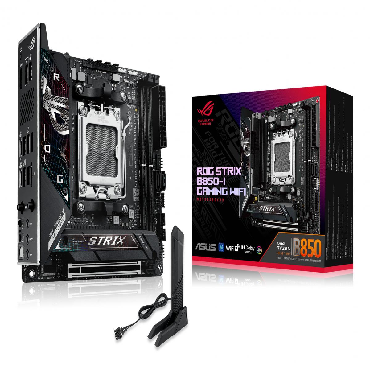 Asus ROG STRIX B850-I GAMING WIFI, AMD B850, AM5, Mini ITX, 2 DDR5, HDMI, Wi-Fi 7, 2.5G LAN, 2x M.2