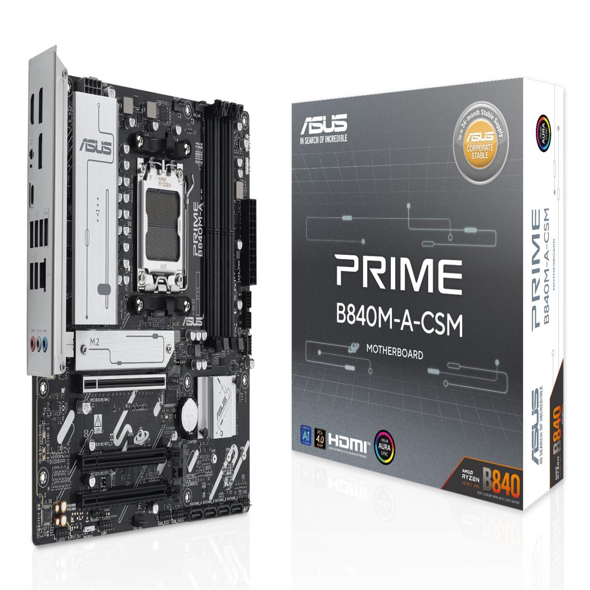 Asus PRIME B840M-A-CSM - Corporate Stable Model, AMD B840, AM5, Micro ATX, 4 DDR5, HDMI, 2 DP, 2.5G LAN, 3x M.2