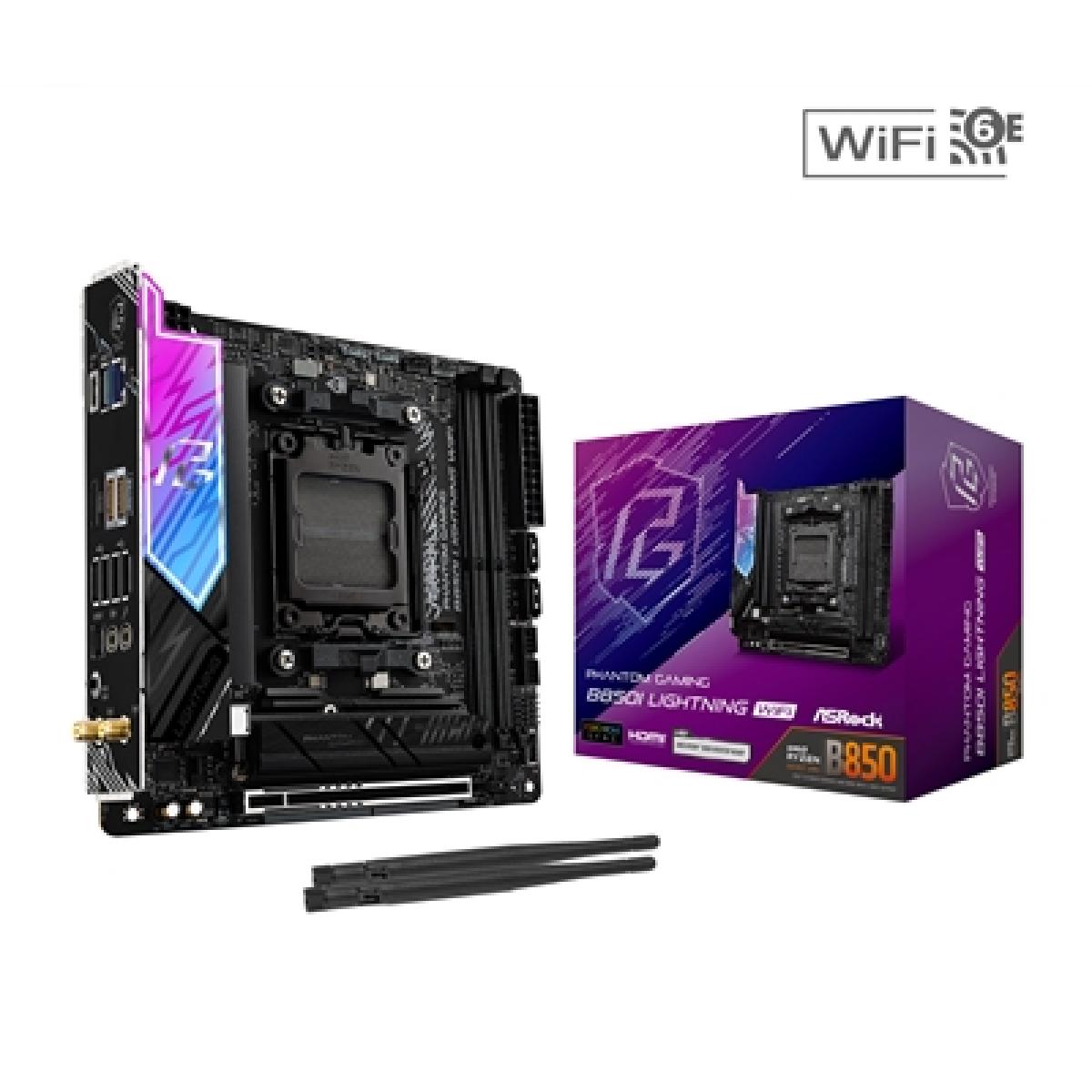ASRock B850I Lightning WiFi PHANTOM GAMING AMD AM5 Socket Motherboard, Mini-ITX, 2x DDR5 Slots, 2x M.2 Sockets, Fitted I/O Shield, 2.5GbE LAN, Wi-Fi 6E, 1x HDMI Port / 1x USB-C