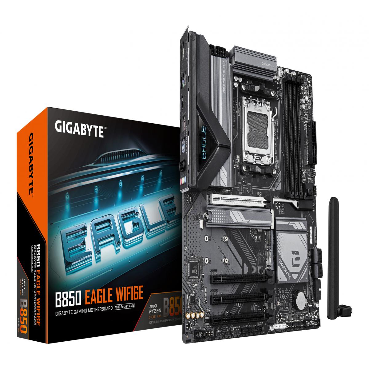 Gigabyte B850 EAGLE WIFI6E AMD AM5 Socket Motherboard, ATX, 4x DDR5 Slots, 3x M.2 Sockets, Fitted I/O Shield, GbE LAN, Wi-Fi 6E, 1x DisplayPort / 1x HDMI Port