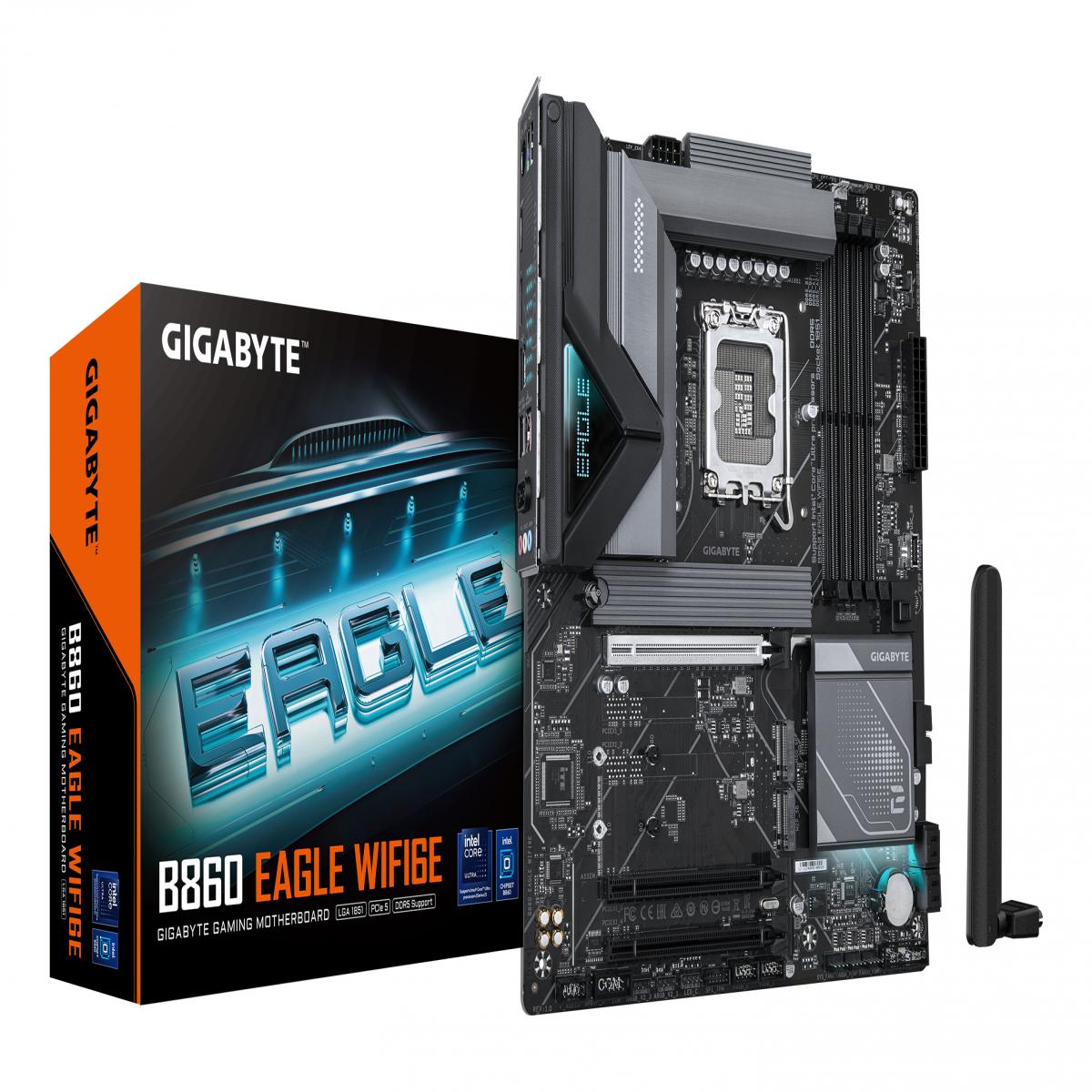 Gigabyte B860 EAGLE WIFI6E Intel 1851 Socket Motherboard, ATX, 4x DDR5 Slots, 3x M.2 Sockets, Fitted I/O Shield, 2.5GbE LAN, Wi-Fi 6E, 1x DisplayPort / 1x HDMI Port