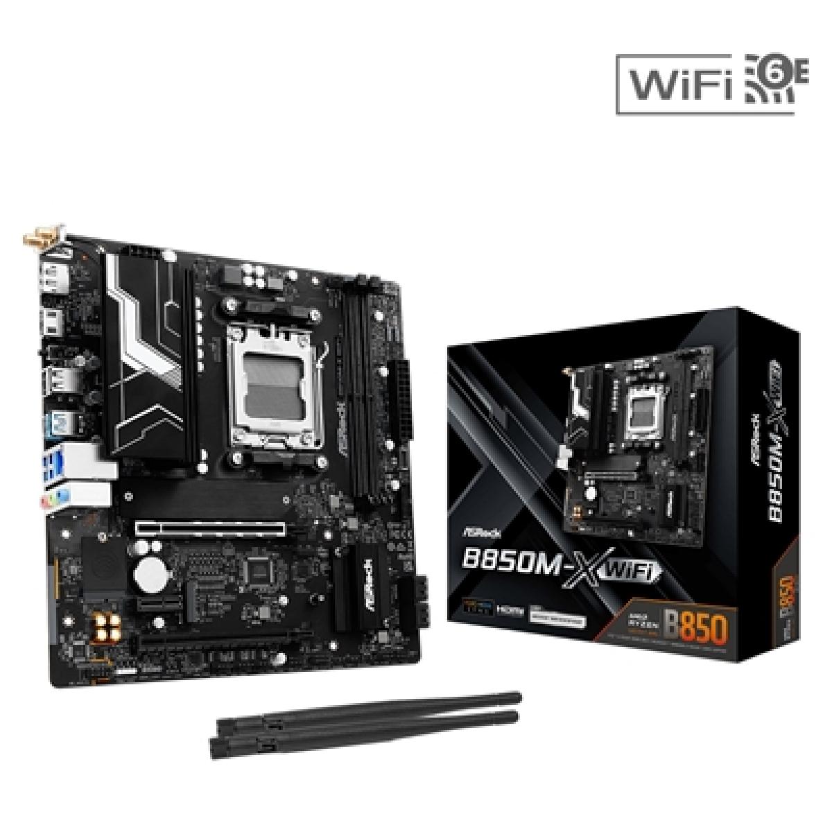 ASRock B850M-X WiFi AMD AM5 Socket Motherboard, Micro-ATX, 2x DDR5 Slots, 2x M.2 Sockets, 1x USB-C Port, 2.5GbE LAN, Wi-Fi 6E, 1x DisplayPort / 1x HDMI Port