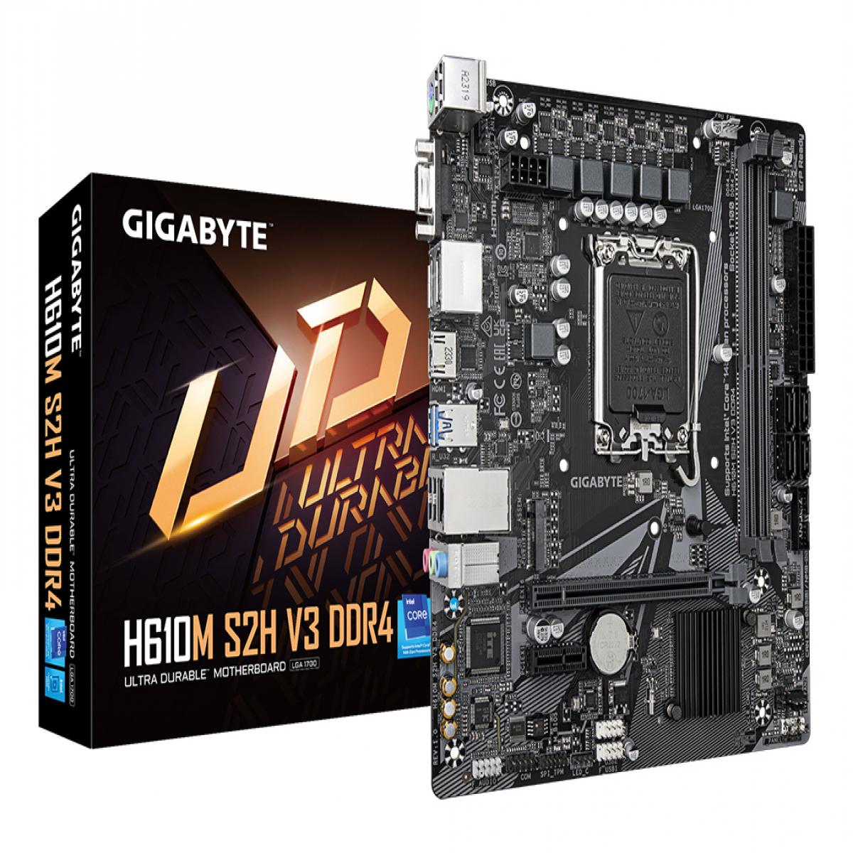 Gigabyte H610M S2H V3 DDR4 Ultra Durable Intel 1700 Socket Motherboard, Micro-ATX, 2x DDR4 Slots, 1x M.2 Socket, GbE LAN, 1x D-Sub / 2x DisplayPorts / 1x HDMI Port