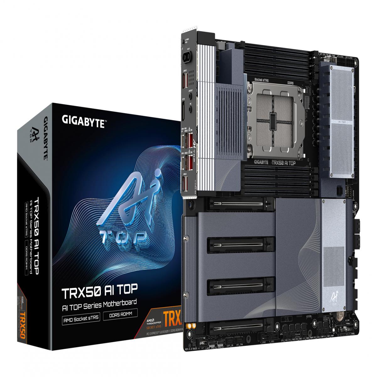 GIGABYTE TRX50 AI TOP Motherboard - Supports AMD Ryzen PRO 7000 CPUs, 16+8+4 Phases Digital VRM, up to 5200MHz DDR5 (OC), 4xPCIe 5.0 + 4xPCIe 4.0 M.2, Wi-Fi 7, 10GbE LAN, USB 3.2 Gen 2x2