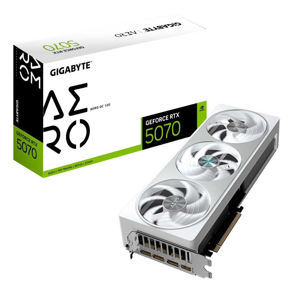 Gigabyte NVIDIA GeForce RTX 5070 AERO OC 12GB GDDR7 Graphics Card, 6144 CUDA Cores, 2625 MHz Core Clock, Triple Fan, White, RGB, 3x DisplayPorts / 1x HDMI Port