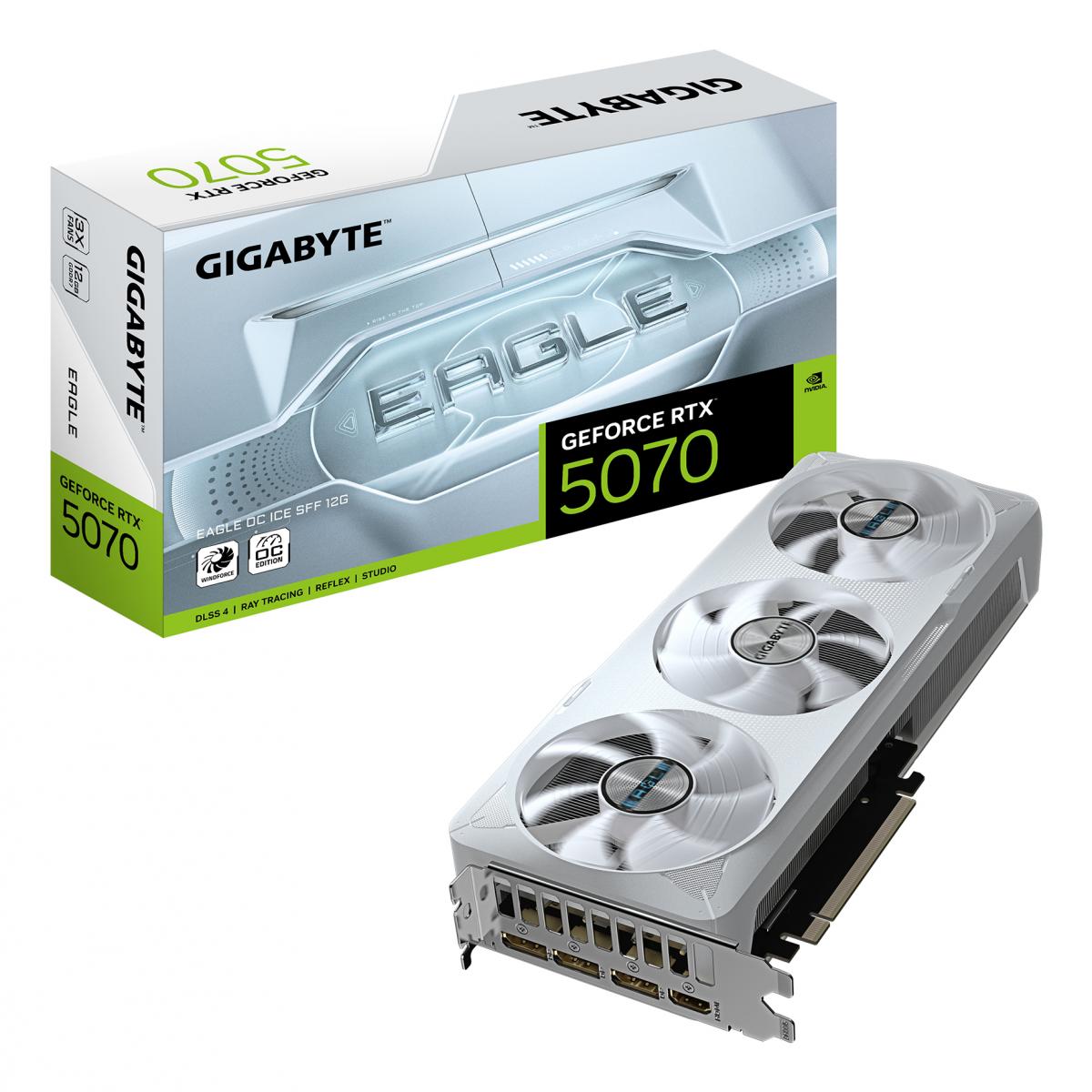 Gigabyte NVIDIA GeForce RTX 5070 EAGLE OC ICE SFF 12GB GDDR7 Graphics Card, 6144 CUDA Cores, 2587 MHz Core Clock, Triple Fan, White, 3x DisplayPorts / 1x HDMI Port
