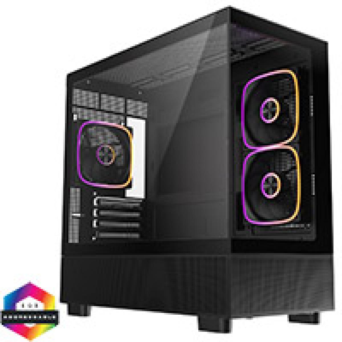 CiT Solar Black Micro-ATX Gaming Case With Two-Sided Tempered Glass and 3 x 120mm PWM ARGB Fans With 6-Port Hub Included