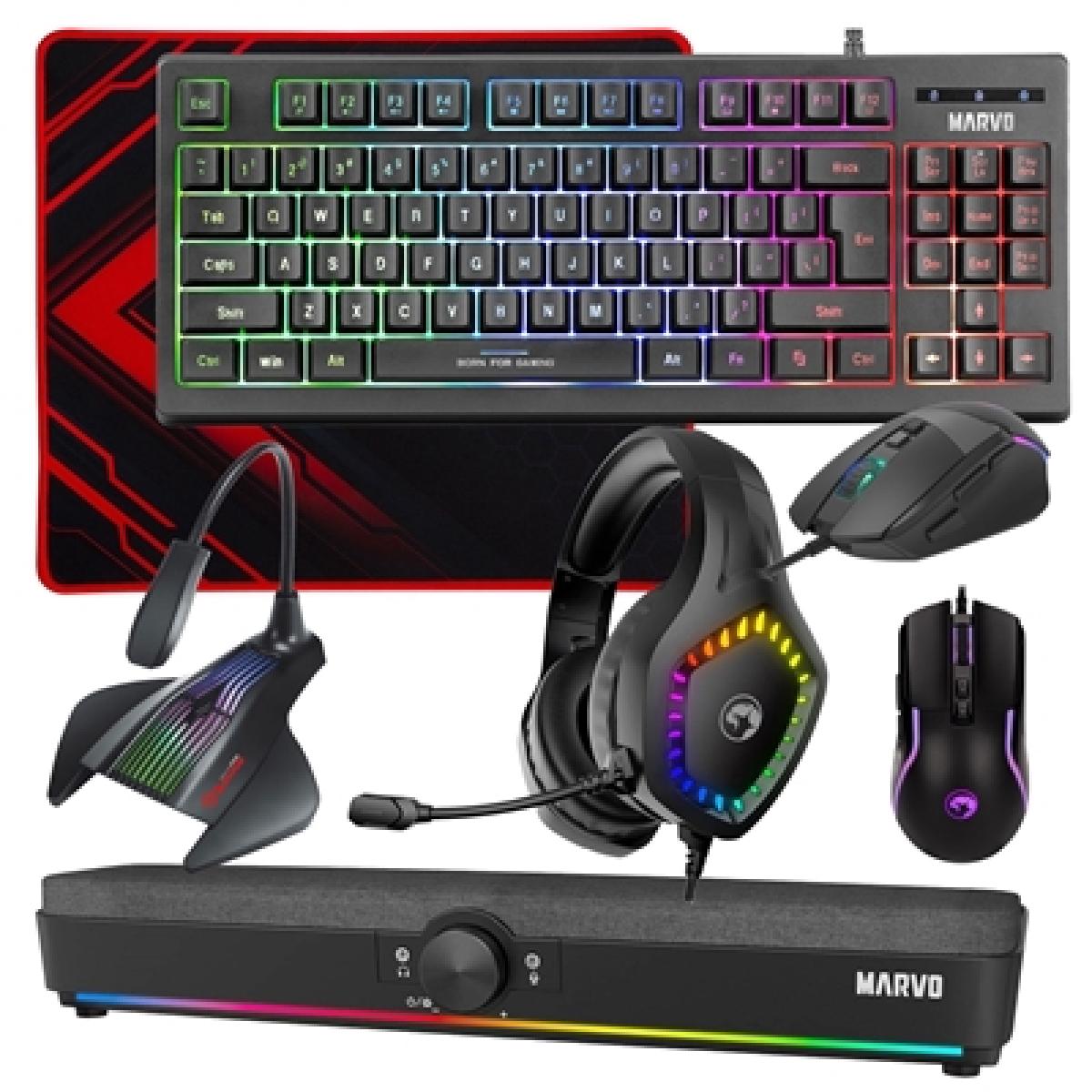 Marvo Scorpion 6-Product Gaming & Streaming Bundle featuring Gaming Keyboard, Programmable USB Mouse, Non-Slip Mousepad, PC & Console-Compatible Gaming Headset, RGB Stereo Soundbar & USB Streaming Microphone
