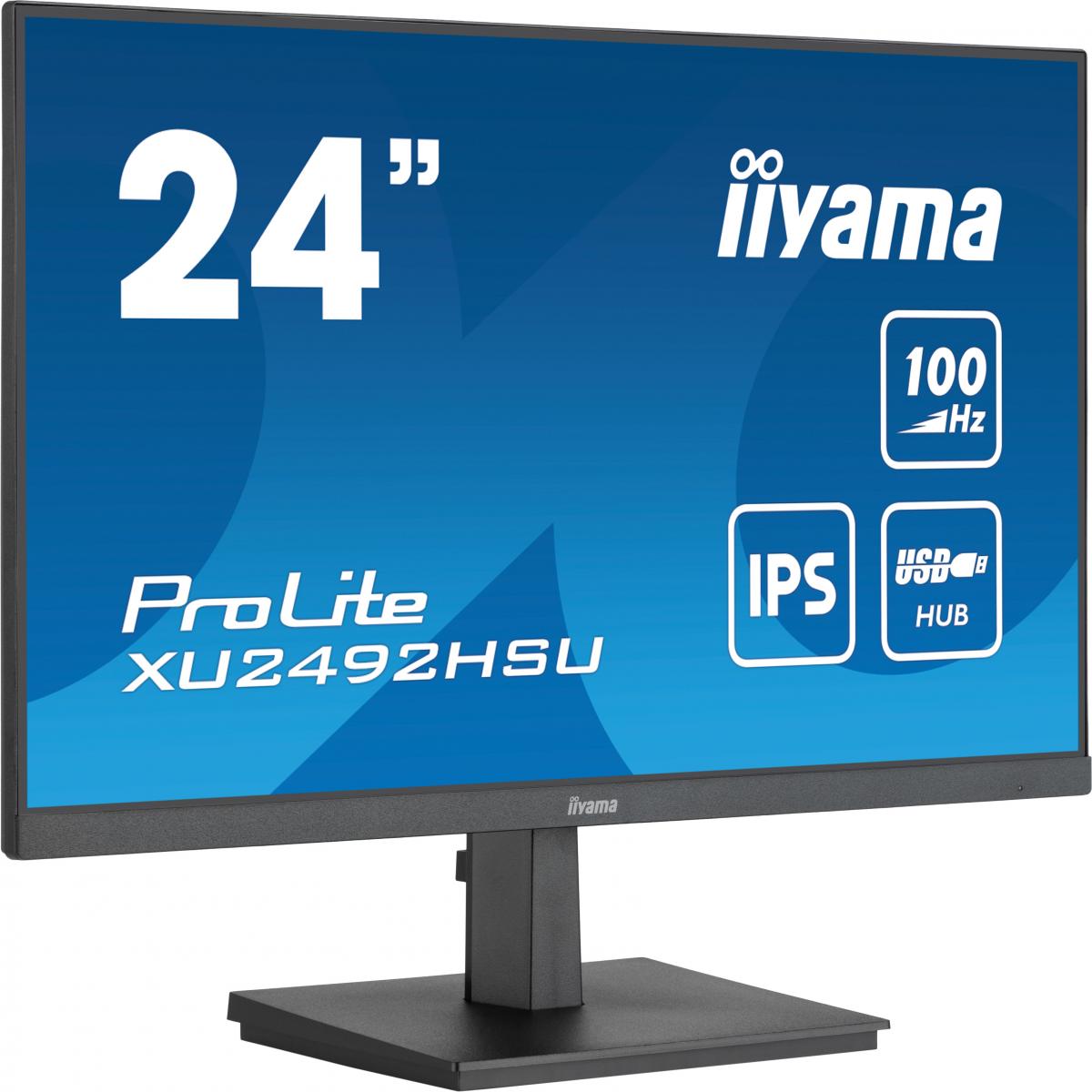 iiyama Prolite XU2492HSU-B6 24 inch IPS Monitor, Full HD, 0.4ms, USB Hub, HDMI, DisplayPort, 100Hz, Speakers, Black, Internal PSU, VESA