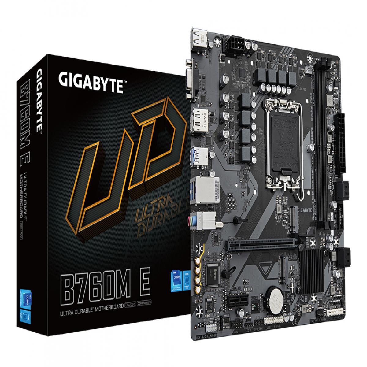GIGABYTE B760M E Motherboard - Supports 14th Gen. Intel Core CPUs, 6+1+1 phases VRM, up to 7200MHz DDR5 (OC), 2xPCIe 4.0 M.2, 1 GbE LAN, USB 3.2 Gen 1