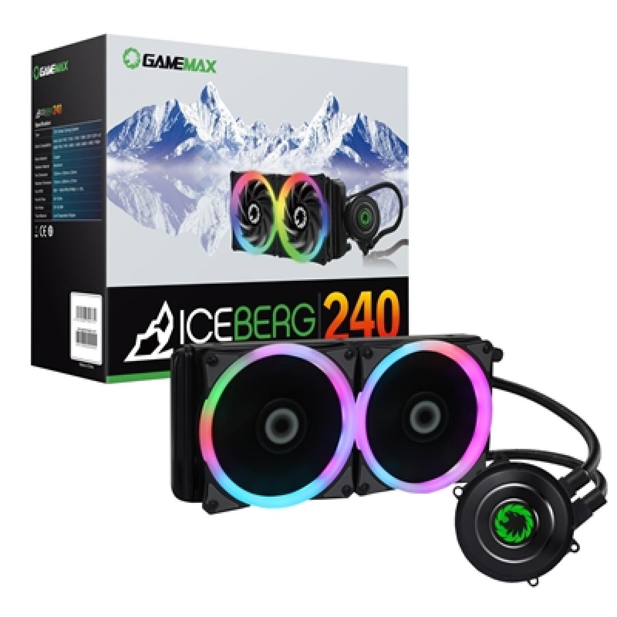 GameMax Iceburg 240mm ARGB Liquid AIO CPU Cooler with Double 120mm Fans, PWM Control, and RGB Lighting - Compatible with Intel and AMD