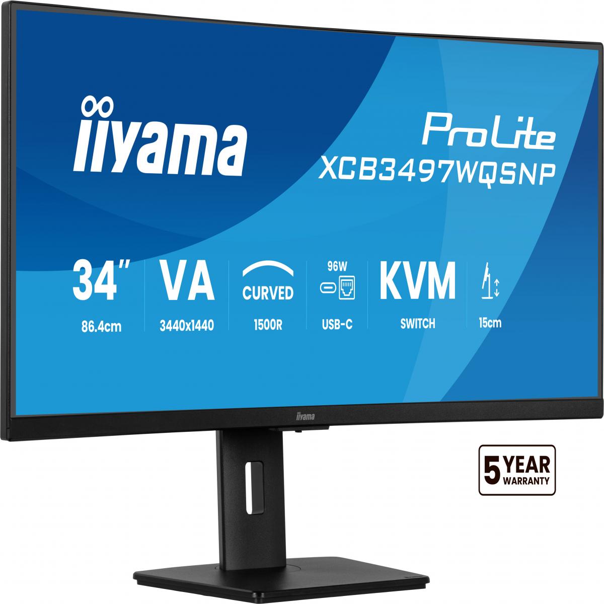 iiyama ProLite Curved Monitor XCB3497WQSNP-B1 34" VA Ultra-Wide Screen with KVM Switch, LAN, USB-C Dock, 0.4ms, 120Hz, HDMI, DisplayPort, Speakers, Height Adjustment