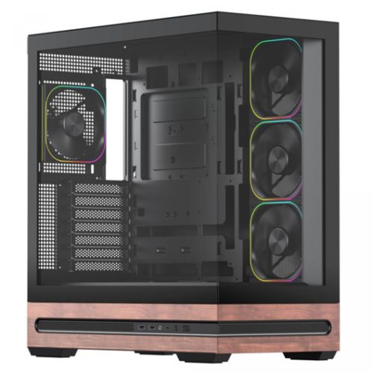 Vida Elegance Black ARGB Gaming Case w/ Glass Side & Front, ATX, Real Wood PSU Shroud, 4x ARGB PWM Fans, Fan Hub & Remote, USB-C 10Gbps, Asus BTF Compatible