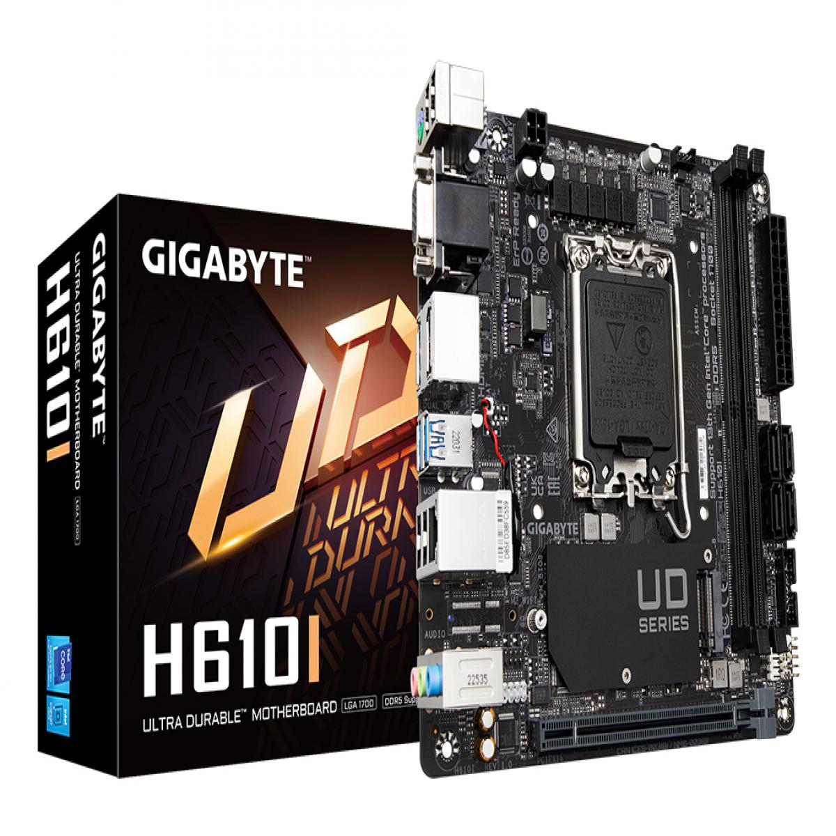 GIGABYTE H610I Motherboard - Supports Intel Core 14th CPUs, 4+1+1 Hybrid Digital VRM, up to 5600MHz DDR5, 1xPCIe 3.0 M.2, GbE LAN, USB 3.2 Gen 1