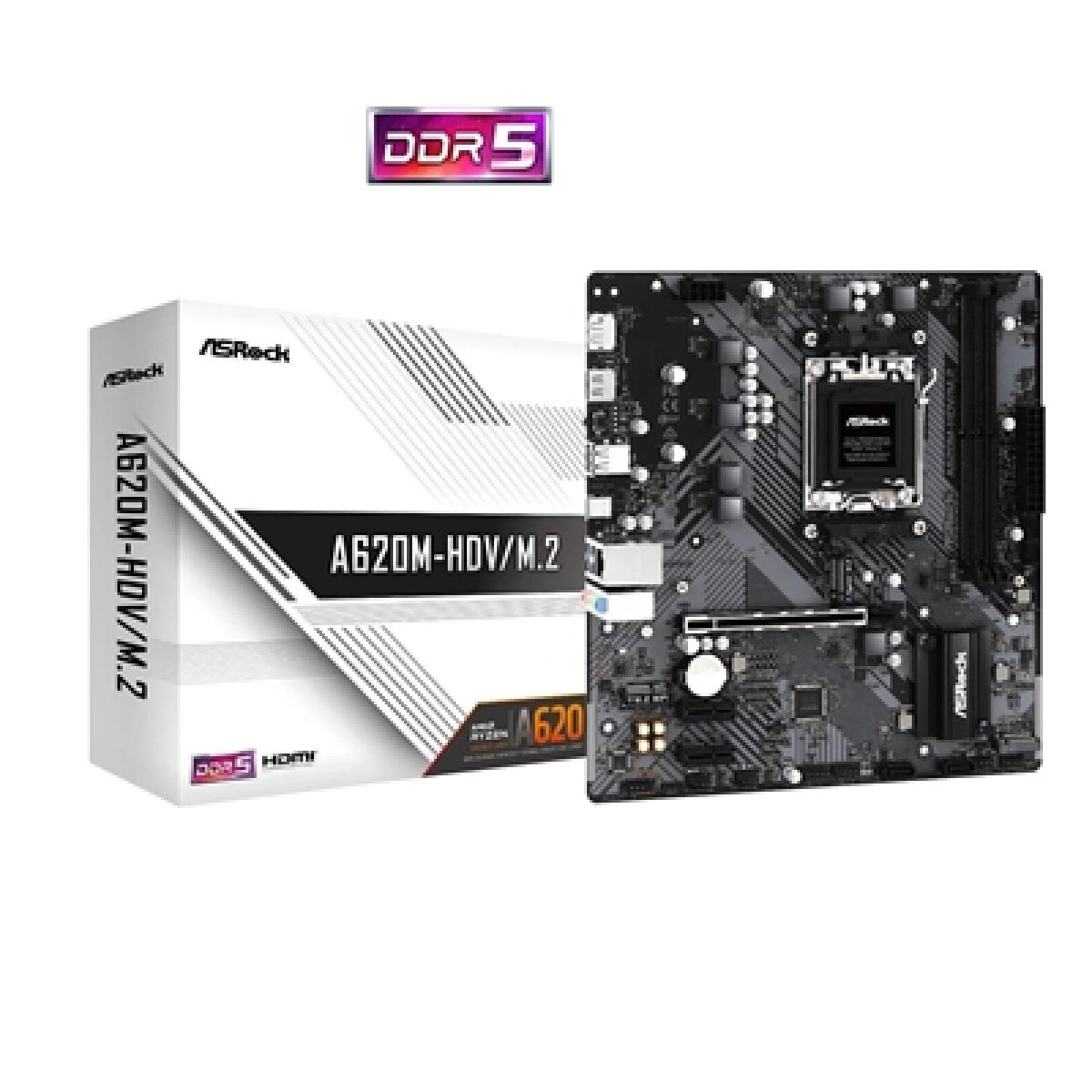 ASRock A620M-HDV/M.2 AMD AM5 Socket Motherboard, Micro-ATX, 2x DDR5 Slots, 2x M.2 Socket, GbE LAN, 1x DisplayPort / 1x HDMI Port