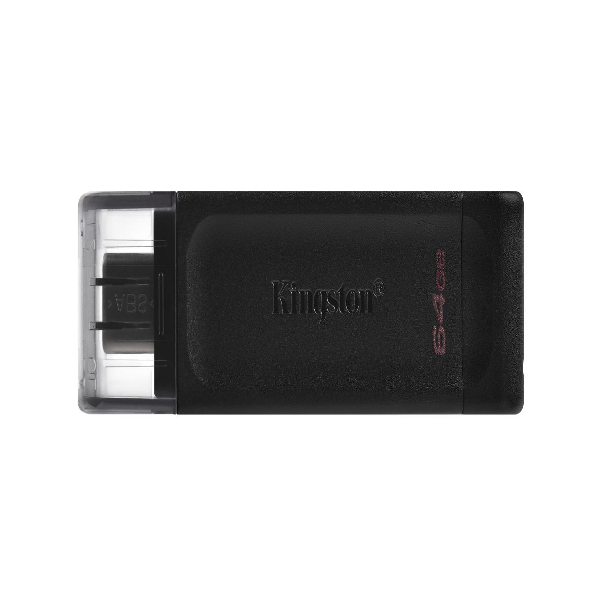 Kingston DT70/64GB DataTraveler 64GB USB Flash Drive, USB 3.2,  USB-C, Gen1, 80MB/s, Clear Cap, Black, Retail.