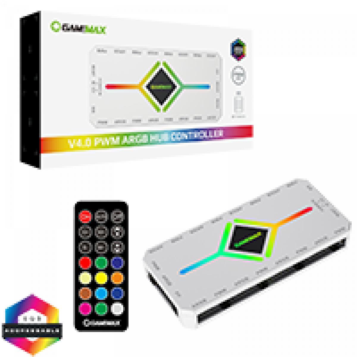 GameMax V4.0 ARGB PWM 9 Port White Fan Hub With SATA Power and RF Remote