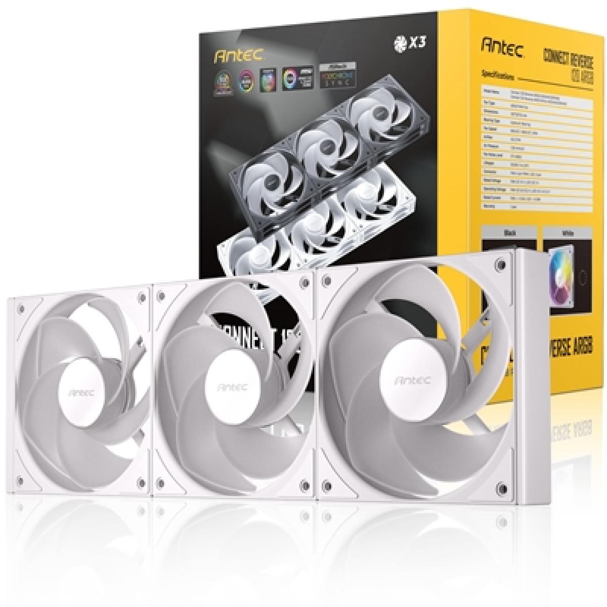 Antec Connect 120 ARGB White Reverse 3-Pack 120mm PWM Fans with Daisy Chain Design and Vibration-Absorbing Pads