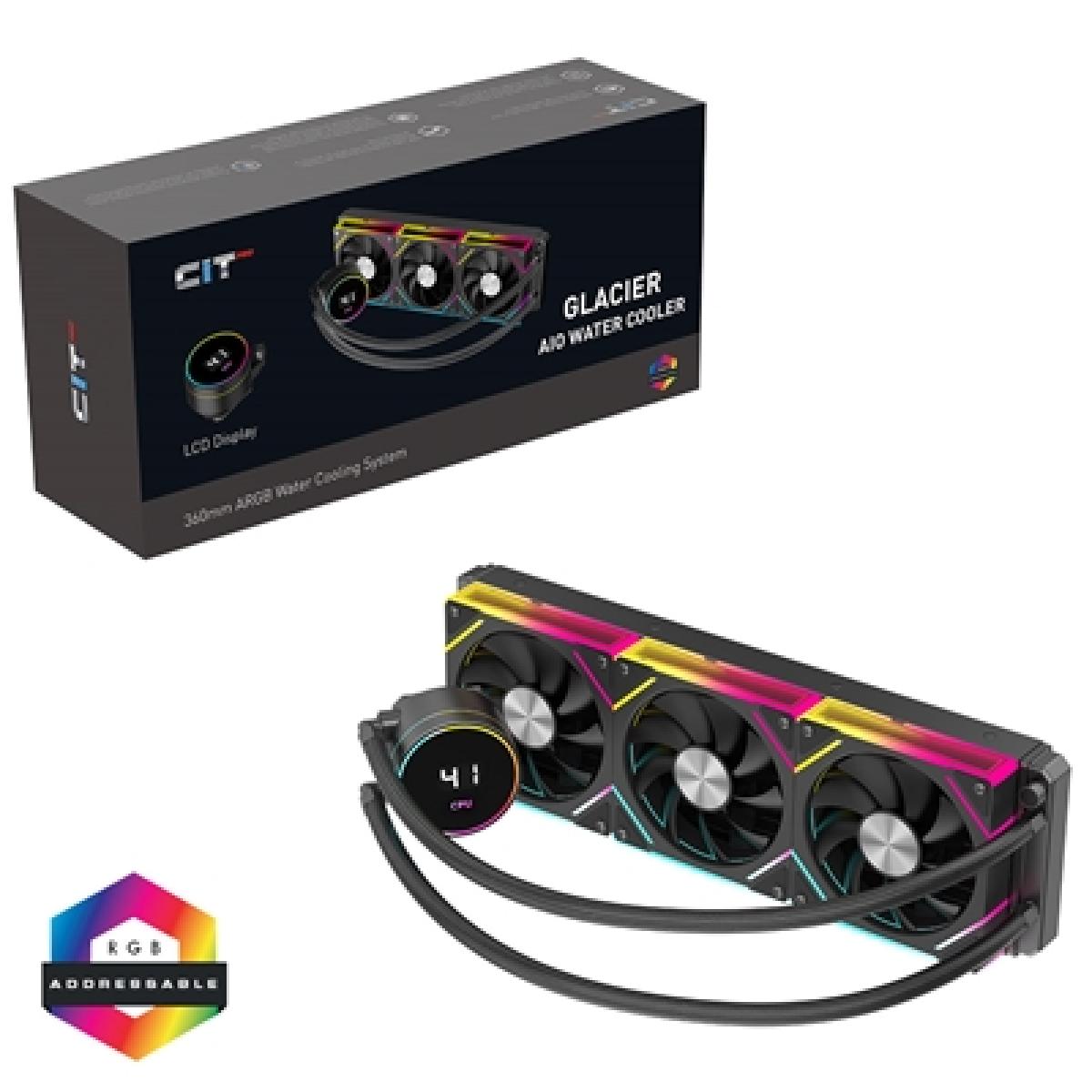 CiT Pro Glacier 360mm Black ARGB Watercooler with Temperature Display - High-Performance AIO CPU Cooling with Infinity PWM Fans & Sync Lighting.