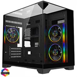 Powercool Atom Black mATX Gaming Case Dual Chamber With 3 x Tempered Glass Panels With 3 x CiT Saturn PWM ARGB Fans and 6 Port PWM Hub
