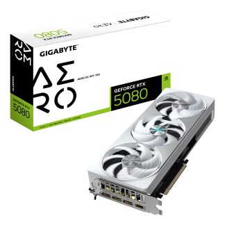 Gigabyte NVIDIA GeForce RTX 5080 AERO OC SFF 16GB GDDR7 Graphics Card, 10752 CUDA Cores, 2730 MHz Core Clock, Triple Fan, White, RGB, 3x DisplayPorts / 1x HDMI Por