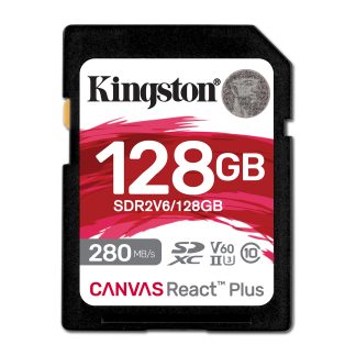Kingston Canvas React Plus V60 128GB Memory Card, 4K, UHS-II, 280MB/s R, 150MB/s W