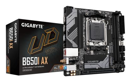 Gigabyte B650I AX Ultra Durable AMD AM5 Socket Motherboard, Mini-ITX, 2x DDR5 Slots, 1x M.2 Socket, 2x USB-C Port, 2.5GbE LAN, Wi-Fi 6E, 1x DisplayPort / 1x HDMI Port