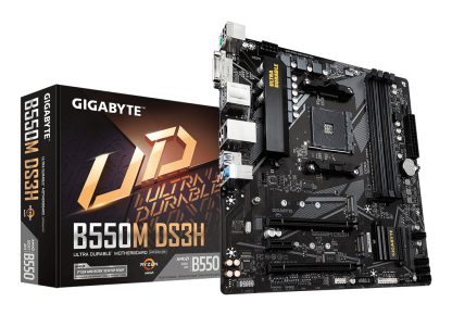 Gigabyte B550M DS3H Ultra Durable AMD AM4 Socket Motherboard, Micro-ATX, 4x DDR4 Slots, 2x M.2 Sockets, GbE LAN, 1x DVI-D / 1x DisplayPort / 1x HDMI Port
