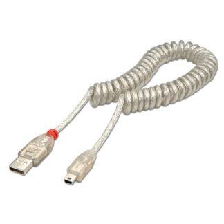 Lindy 2m USB 2.0 Coiled Cable. Type A to Mini B. Transparent