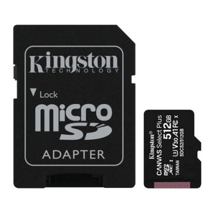 Kingston 512GB Canvas Select Plus MicroSDXC Card with SD Adapter, UHS-I Class 10, U3, A1 App Performance, 100MB/s