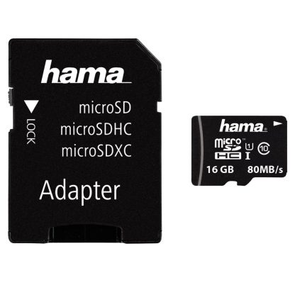 Hama 16GB MicroSDHC Card with SD Adapter, Class 10 UHS-I, Up to 80MB/s