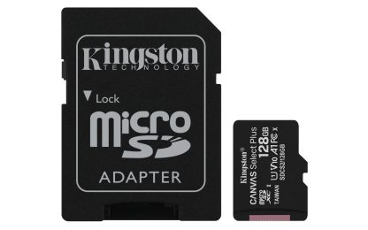 Kingston 128GB Canvas Select Plus MicroSDXC Card with SD Adapter, UHS-I Class 10, U1, A1 App Performance, 100MB/s