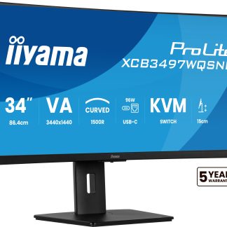 iiyama ProLite Curved Monitor XCB3497WQSNP-B1 34" VA Ultra-Wide Screen with KVM Switch, LAN, USB-C Dock, 0.4ms, 120Hz, HDMI, DisplayPort, Speakers, Height Adjustment